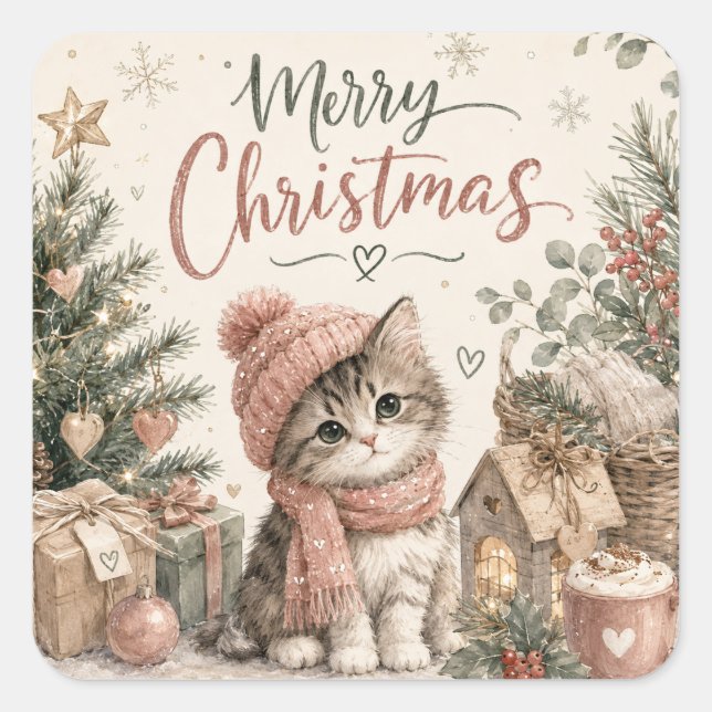 Cute Christmas Kitten Square Sticker Whimsical Cat (Front)