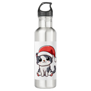 Cute Christmas kitten wearing Santa hat 710 Ml Water Bottle