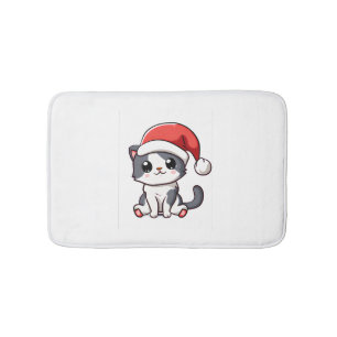 Cute Christmas kitten wearing Santa hat   Bath Mat