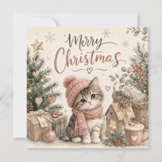 Cute Christmas Kitten Whimsical Cat Greetings Card