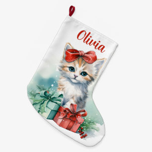 Cute Christmas Kitten with Gifts and Name Large Christmas Stocking