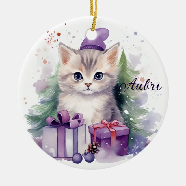 Cute Christmas Kitten with Gifts Christmas  Ceramic Tree Decoration (Front)