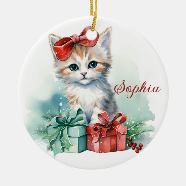 Cute Christmas Kitten with Gifts Christmas  Ceramic Tree Decoration (Front)
