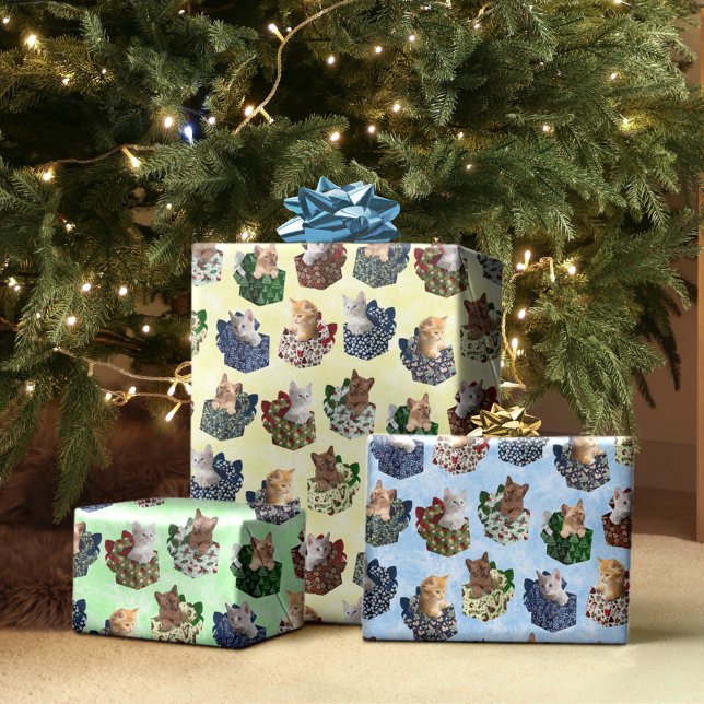 Cute Christmas Kittens in Gift Boxes Wrapping Paper Sheet (Creator Uploaded)