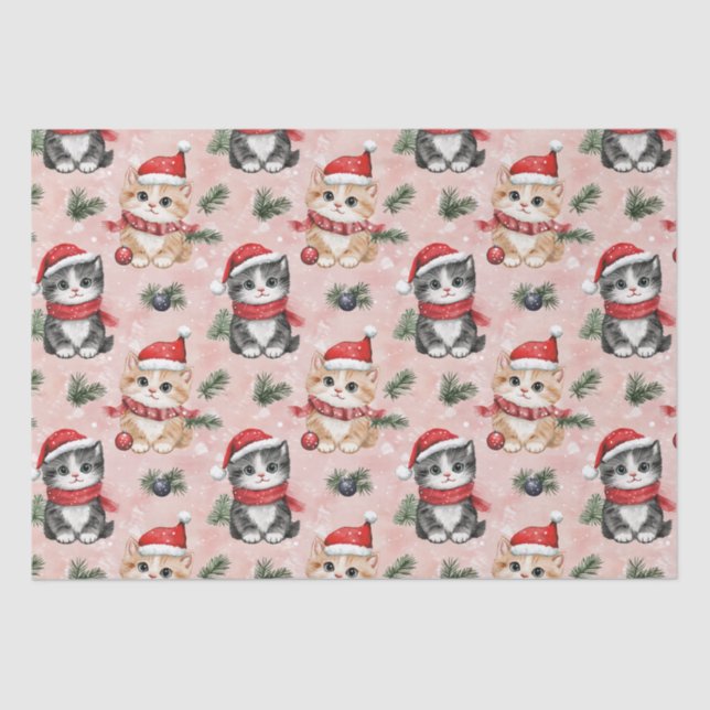 Cute Christmas Kittens on Pink Tissue Paper (Front)