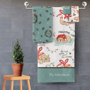 Cute Christmas Kitty Cat Pattern Teal and White Bath Towel Set