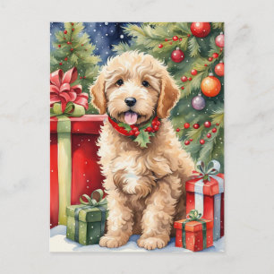 Cute Christmas Labradoodle Puppy with Gifts Holiday Postcard