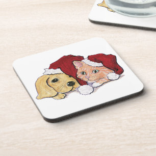 Cute Christmas Labrador Puppy and Orange Tabby Coaster