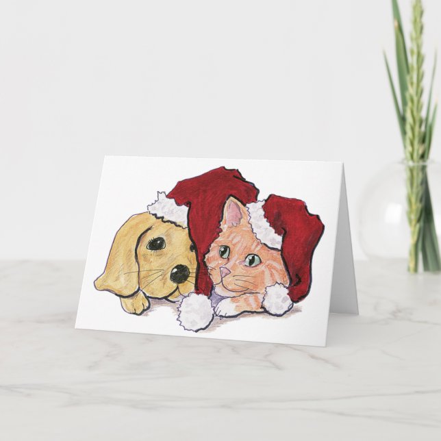 Cute Christmas Labrador Puppy and Orange Tabby Holiday Card (Front)