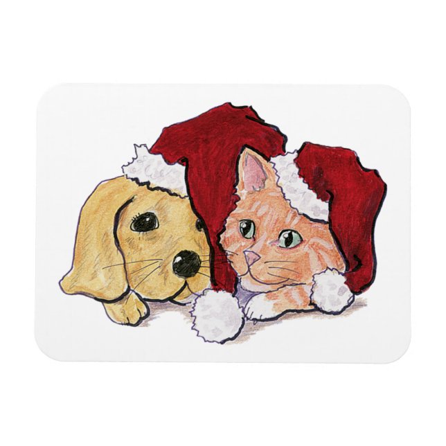 Cute Christmas Labrador Puppy and Orange Tabby Magnet (Horizontal)