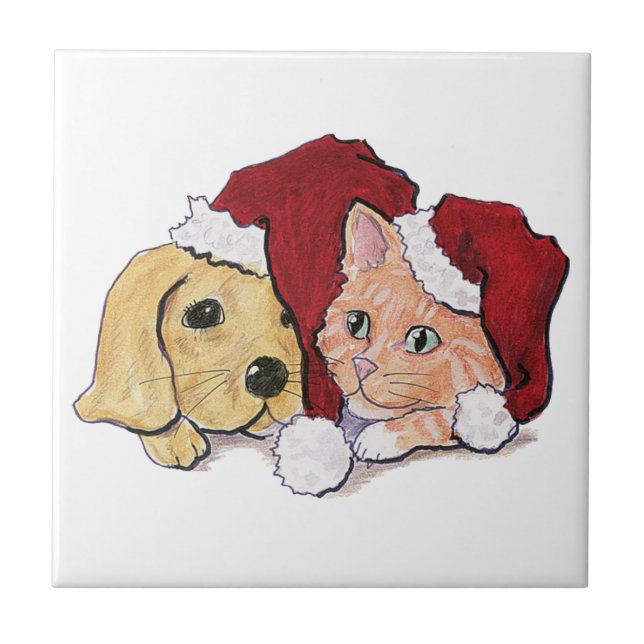 Cute Christmas Labrador Puppy and Orange Tabby Tile (Front)