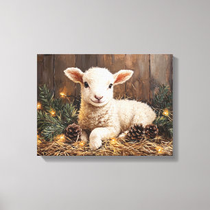 Cute Christmas Lamb Rustic Painting Canvas Print