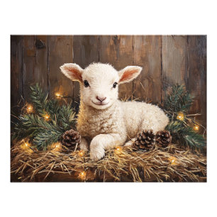 Cute Christmas Lamb Rustic Painting Photo Print