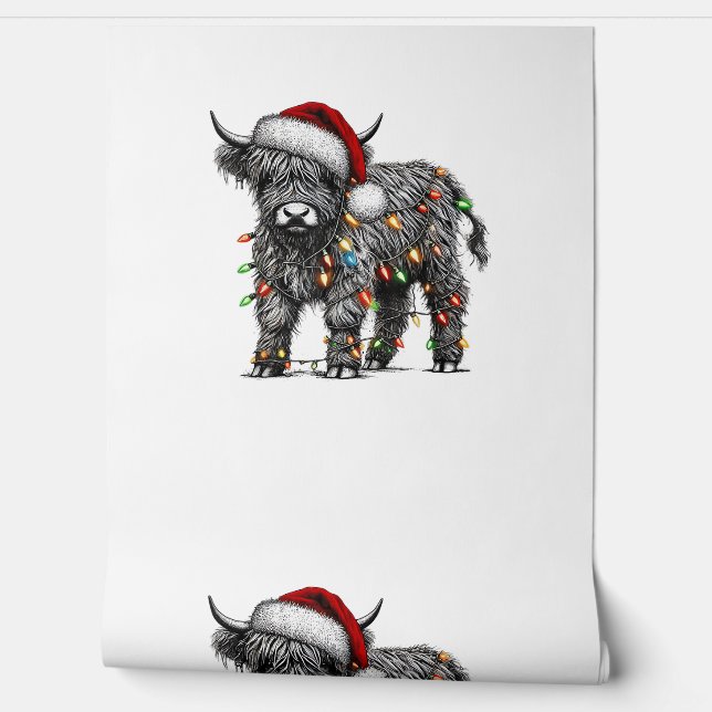 Cute Christmas Light Highland Cattle Funny Cow Xma Wallpaper (Unrolling)