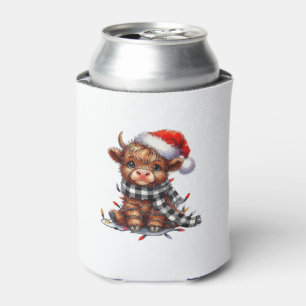Cute Christmas Lights Highland Cow Funny Christmas Can Cooler