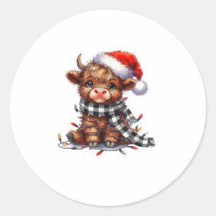 Cute Christmas Lights Highland Cow Funny Christmas Classic Round Sticker