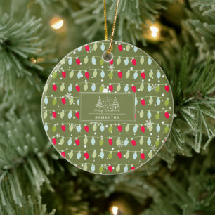 Cute Christmas Lights Olive Green Red Blue Ceramic Tree Decoration
