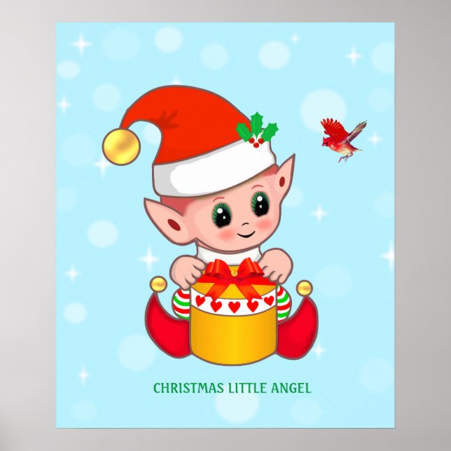 Cute Christmas little elf & red bird Poster (Front)