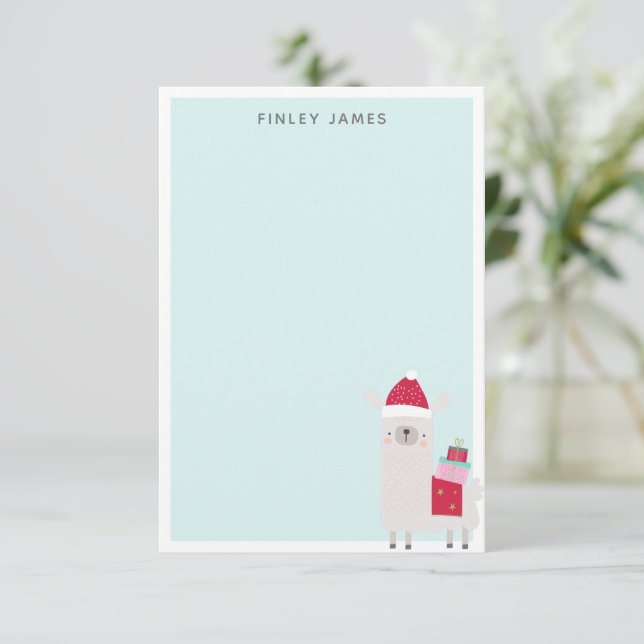Cute Christmas Llama Pastel Blue Personalised Name Thank You Card (Standing Front)