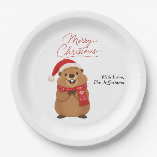 Cute Christmas Marmot in Santa Hat & Winter Scarf Paper Plate