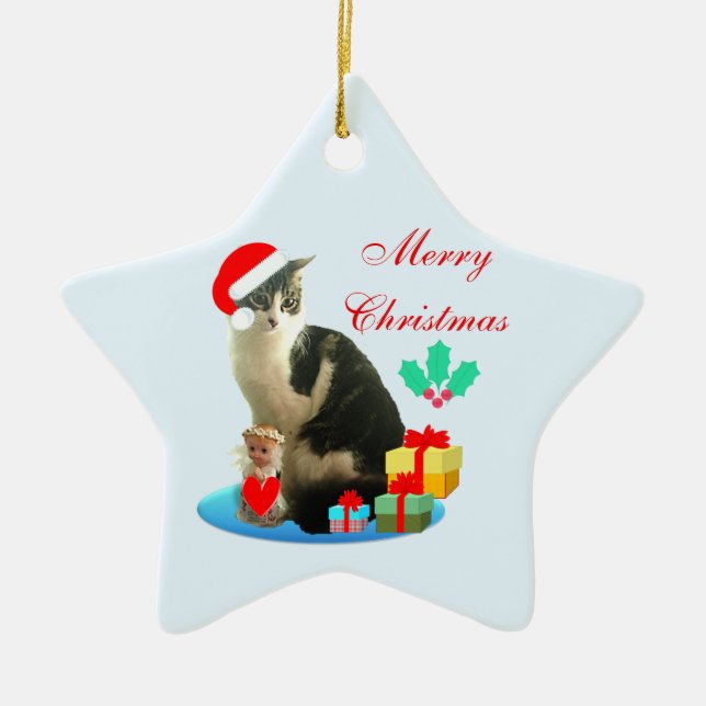 Cute Christmas Merlin Cat Ceramic Tree Decoration (Front)