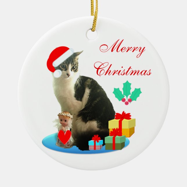 Cute Christmas Merlin Cat Ceramic Tree Decoration (Front)