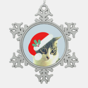 Cute Christmas Merlin Cat Face Snowflake Pewter Christmas Ornament