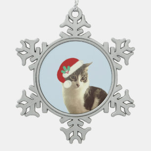 Cute Christmas Merlin Cat Snowflake Pewter Christmas Ornament