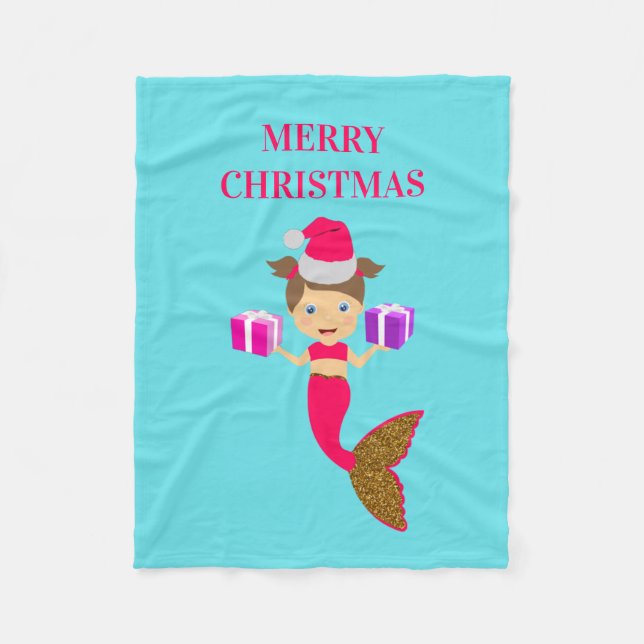 Cute Christmas Mermaid Girl Santa Hat in Sea   Fleece Blanket (Front)