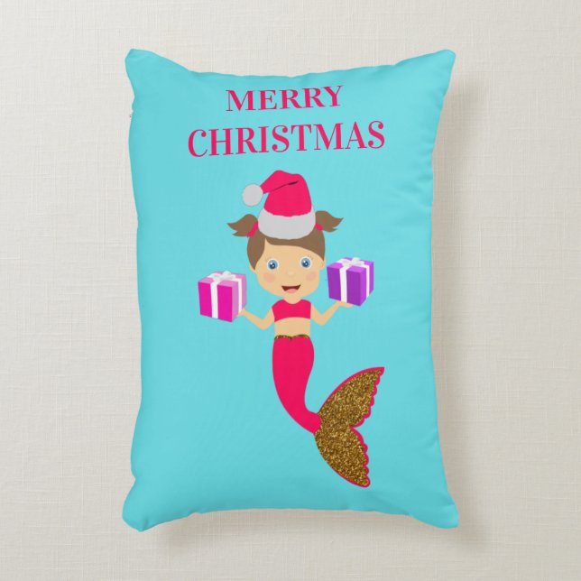 Cute Christmas Mermaid Girl Santa Hat in Sea Xmas Decorative Cushion (Front(Vertical))