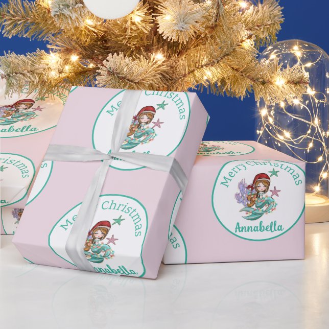Cute Christmas Mermaid in Santa Hat on Pink Wrapping Paper (Holidays)