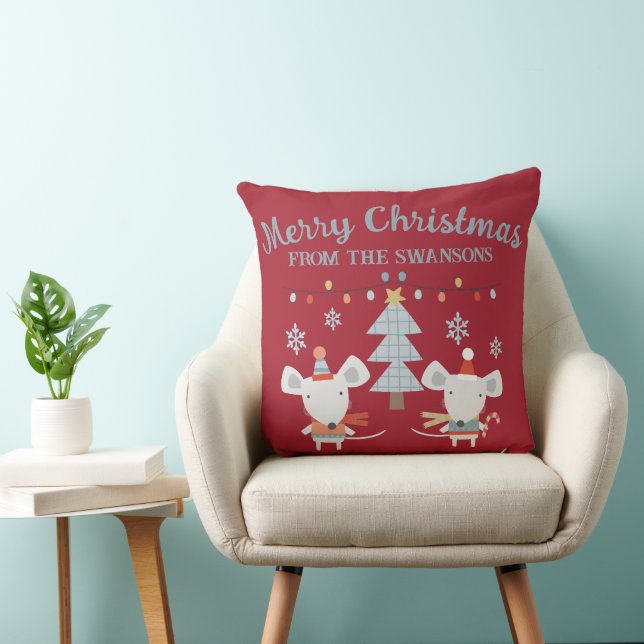 Cute Christmas Mice and Tree on Burgundy Red Cushion (Chair)