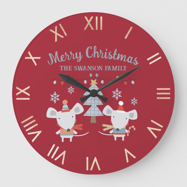 Cute Christmas Mice and Tree on Burgundy Red Large Clock (Front)