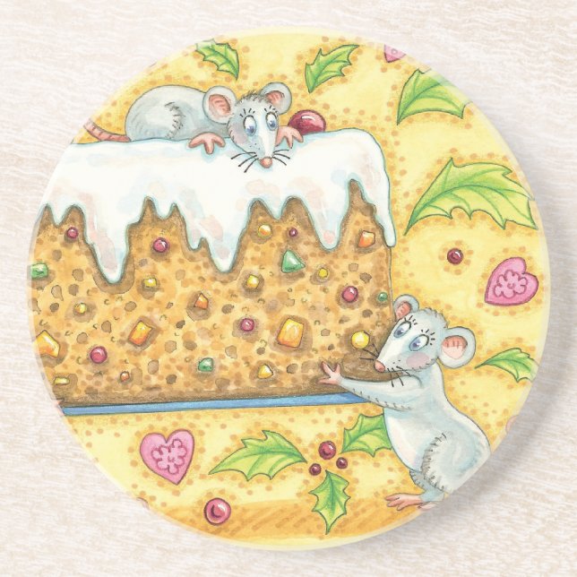 Cute Christmas Mice Carrying a Fruit Cake Dessert Coaster (Front)