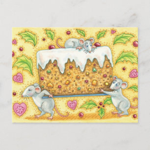 Cute Christmas Mice Carrying a Fruit Cake Dessert Holiday Postcard