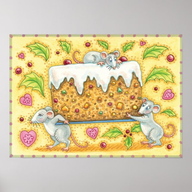 Cute Christmas Mice Carrying a Fruit Cake Dessert Poster (Front)