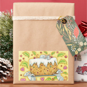 Cute Christmas Mice Carrying a Fruit Cake Dessert Rectangular Sticker