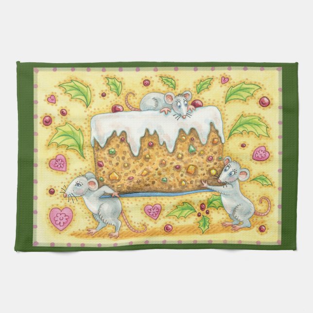 Cute Christmas Mice Carrying a Fruit Cake Dessert Tea Towel (Horizontal)