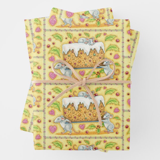 Cute Christmas Mice Carrying a Fruit Cake Dessert Wrapping Paper Sheet (In situ)