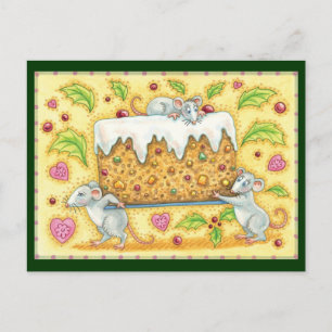 Cute Christmas Mice Carrying a Fruitcake Dessert Holiday Postcard