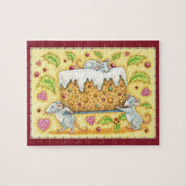 Cute Christmas Mice Carrying a Fruitcake Dessert Jigsaw Puzzle (Horizontal)