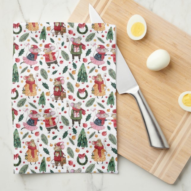 Cute Christmas Mice On White Tea Towel (Quarter Fold)