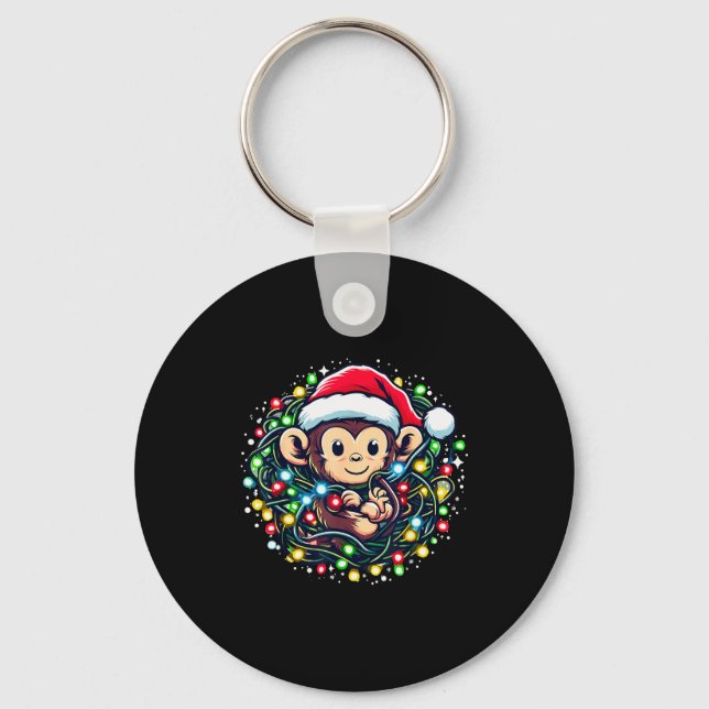 Cute Christmas Monkey Santa Hat Lights Monkey Wome Key Ring (Front)