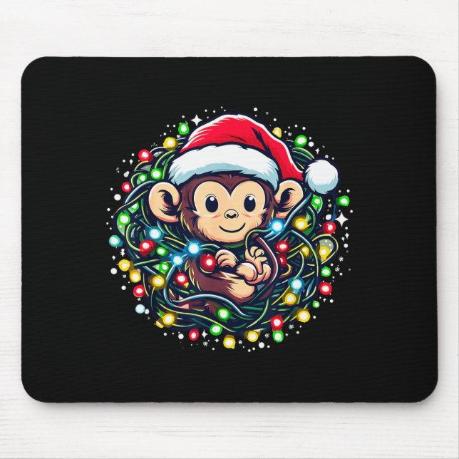 Cute Christmas Monkey Santa Hat Lights Monkey Wome Mouse Pad (Front)