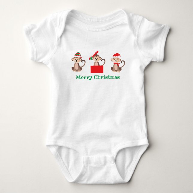 Cute Christmas Monkeys Santa Elf Present Red Green Baby Bodysuit (Front)