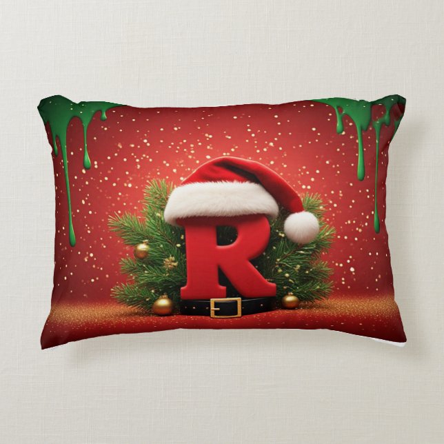 Cute Christmas Monogram R with Santa Hat Decorative Cushion (Front)