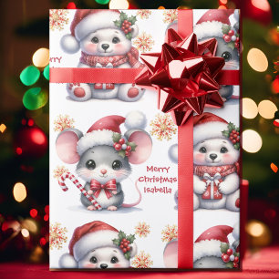 Cute Christmas Mouse Bear Personalise Name Kids Wrapping Paper