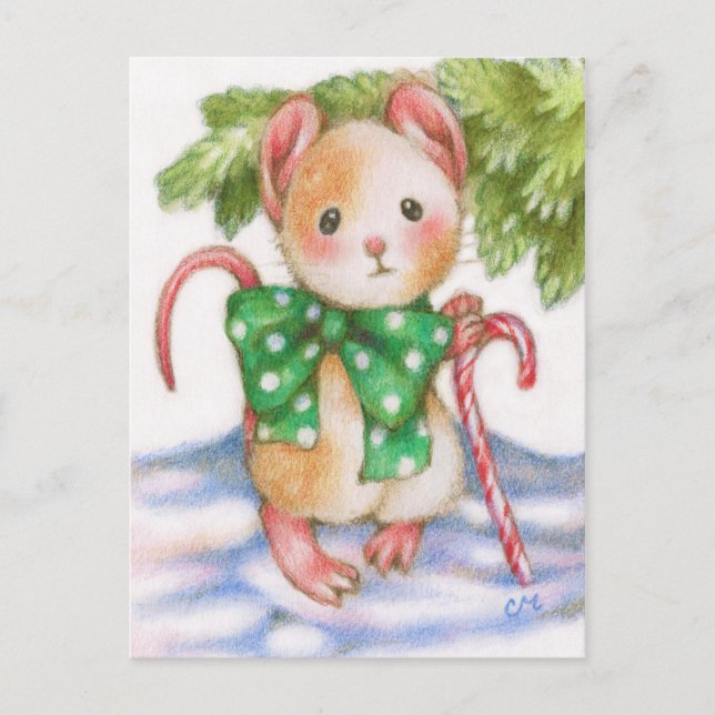 Cute Christmas Mouse Candy Cane Holiday Postcard (Front)