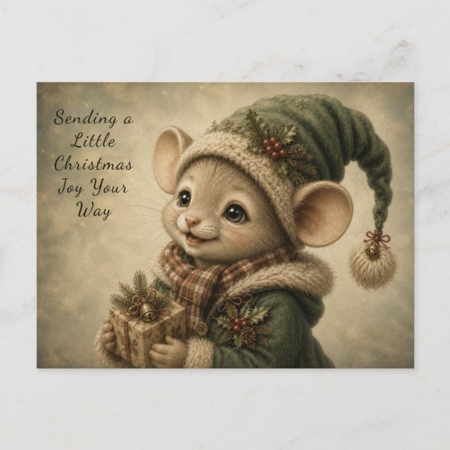 Cute Christmas Mouse Holding a Gift Holiday Card (Front)