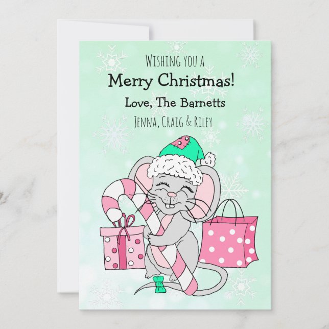 Cute Christmas Mouse Holding Candy Cane Holiday Card (Front)